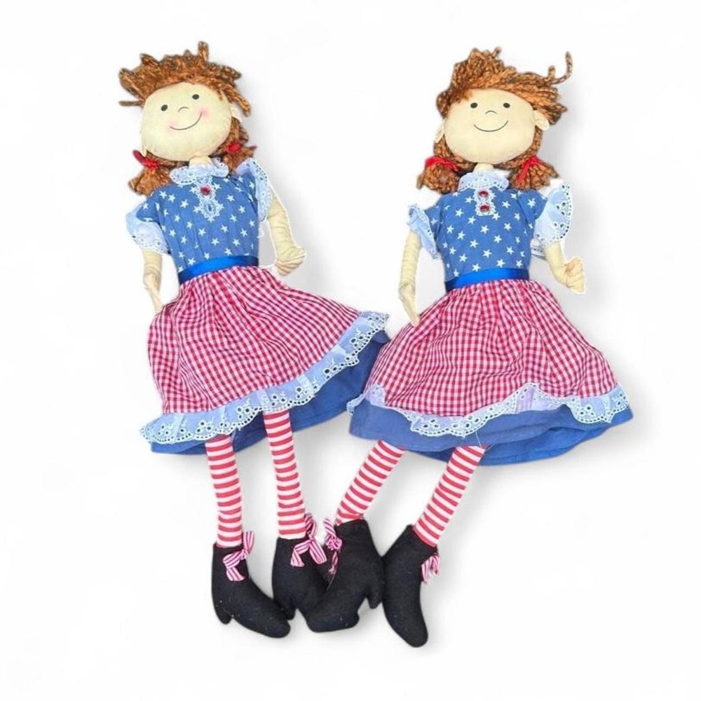 Americana Rag Doll Pair Red White Blue Primitive Folk Art Patriotic Decor 26"
